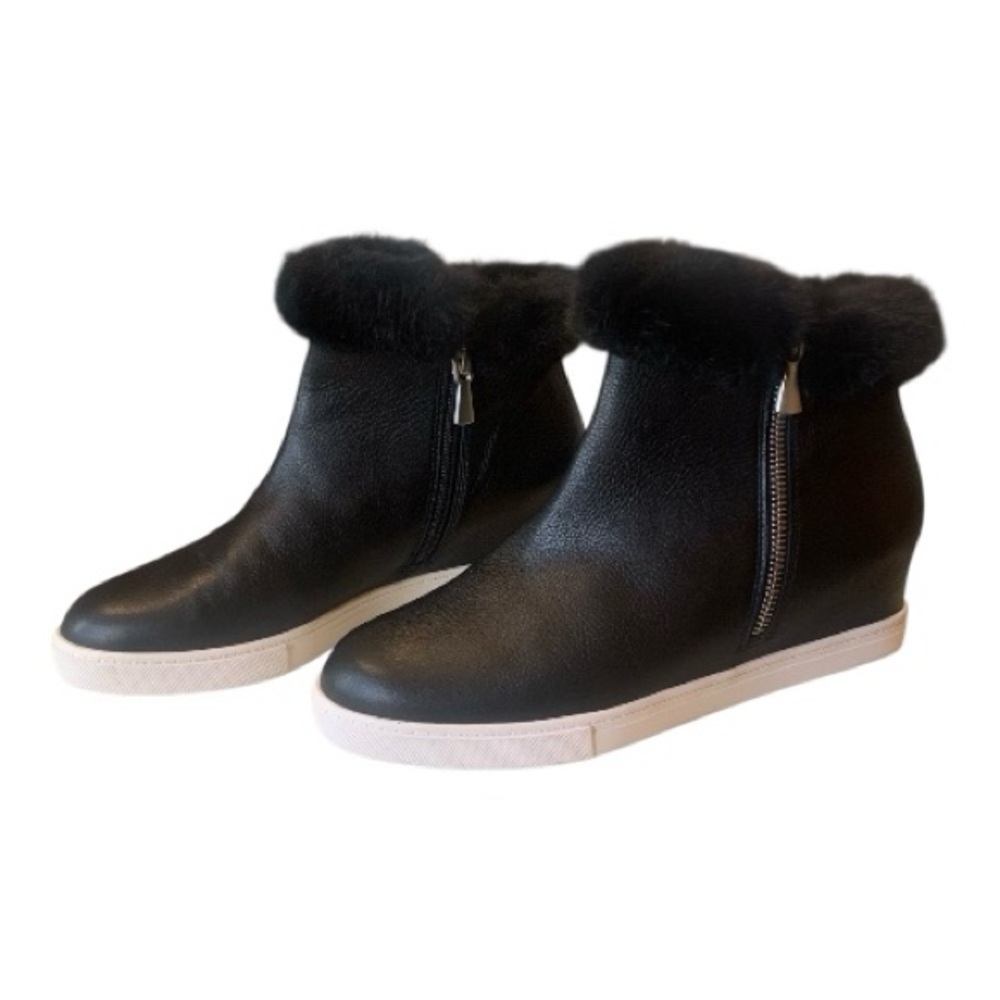 Paolo Black Ankle Boots Hidden Wedge Sneakers with Faux Fur Trim Side Zip Size 8